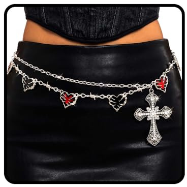 ELABEST Gothic Cross Chain Belt Heart Waist Chain Rhinestone Charm Y2K Body Chain for Women