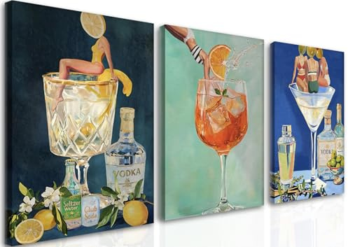 Set di 3 stampe artistiche da parete in stile vintage, senza cornice, motivo cocktail retrò con martini sporchi, bar, carrello, poster estetici, stampe per bar, università, appartamento, dormitorio