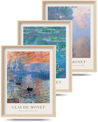 HesenDot Claude Monet Artwork High Framed Wall Art, 30x40cm, Set of 3 | Impressionist Water Lilies Canvas Prints, Vintage Classic Aesthetic Home Decor for Living Room Bedroom Study Office