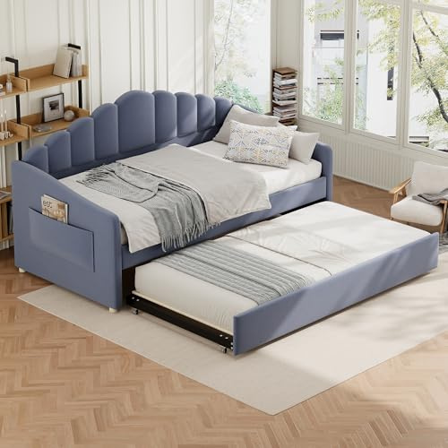 Besbed Single Bed with Pull Out Trundle, Children's Bed with Charging-Station and Beside Storage & Storage Pocket, 3ft Velvet Daybed with Scalloped Headboards, Gray, 90x190 cm (No Mattress)