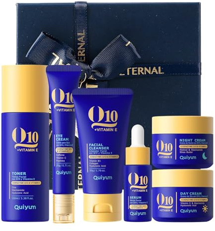 QUIYUM Kit Skincare Viso Antirughe Q10 e Vitamina E,Set Regalo Viso 6 Pezzi