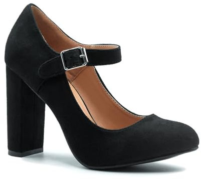 Womens Block High Heels Ankle Strap Court Shoes Ladies Mary Jane Comfort Work Pumps Formal Smart Office Heeled Party Occasion Strappy Slip On Heel Sandals Black Faux Suede