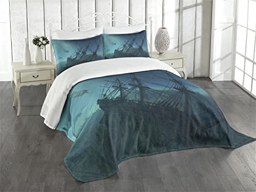 ABAKUHAUS Nautisch Tagesdecke Set, Dolphins Schiff Sea, Set mit Kissenbezug Kein verblassen, für Einzelbetten 170 x 220 cm, Blaugrau Hellblau Teal