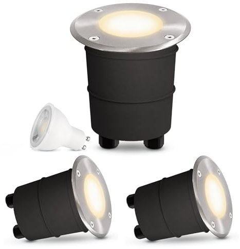 SSC-LUXon 3er Set MARNE LED Bodeneinbaustrahler aussen GU10 - mit LED GU10 3W warmweiß 230V - Bodenspot rund IP67 befahrbar betretbar