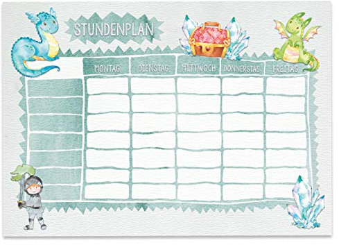 Papierdrachen - Stundenplan DIN A4 Block - Motiv Ritter und Drachen - beschreibbar Schule oder Uni - Terminkalender und Wochenplan für Kinder