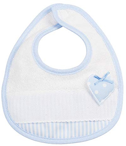 Filet - Babero en Suave Esponja con Relleno a Rayas e Inserto en Lienzo Aida para Bordar, Aplicación en Forma de Corazón con Lazo, Ideal para Bebés, Made in Italy, Color Blanco y Cielo