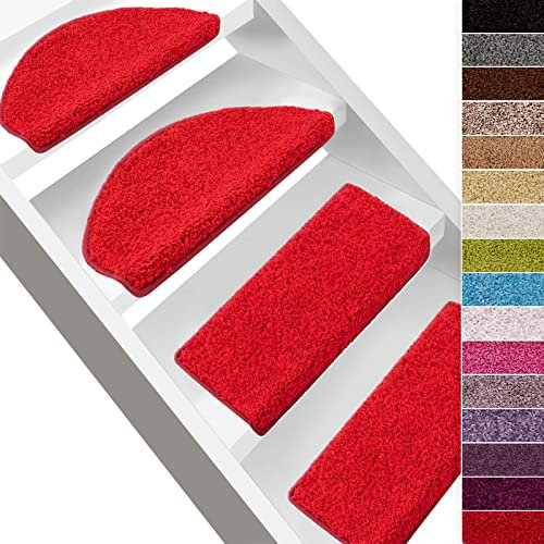 Floordirekt Shaggy Stufenmatten Sphinx | Halbrund oder Eckig | Treppenmatten in 13 Farben | Strapazierfähig & pflegeleicht | Hochflor-Stufenteppich in Kräusel-Optik (Halbrund 65 x 23,5 cm, Rot)