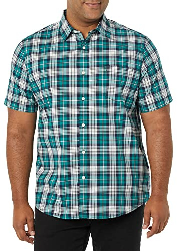 Amazon Essentials Men's Short-Sleeve Stretch Poplin Shirt (Available in Big & Tall), Teal Blue White Plaid, XXL