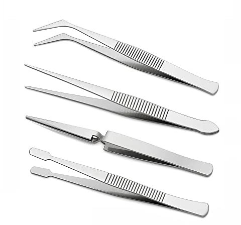 4-Piece Tweezers Set - Professional Stainless Steel Self Locking Hobby Tweezers for Craft/Jewellery/Stamps/Model Making/Electronics,Stone Picking Tool