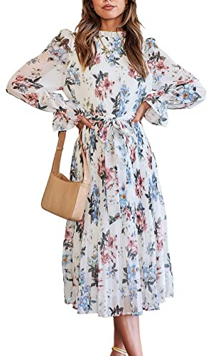 ANRABESS Women's Floral Chiffon Midi Dress Puff Long Sleeve Mock Neck Summer Wedding Guest Party Dresses Fall 2025 Outfits Floral White Large