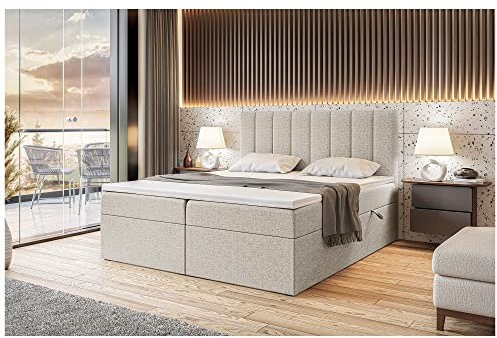 MEBLINI Boxspringbett mit Bettkasten - Gepolstert Doppelbett mit Matratze und Topper - Polsterbett mit Stauraum - Bett mit Kopfteil - Stauraumbett - Erling - 140x200 - H3/Beige Webstoff