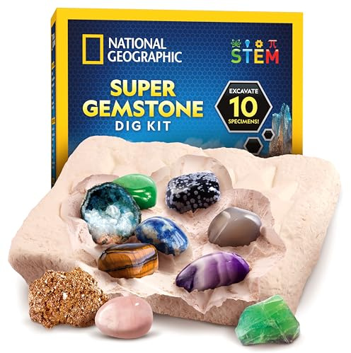 National Geographic Kit d'Excavation de Gemmes avec 10 Véritables Pierres Précieuses pour Enfants, Découvrez Les Pierres Précieuses avec des Outils d'Excavation et Une Loupe, Kits de Science