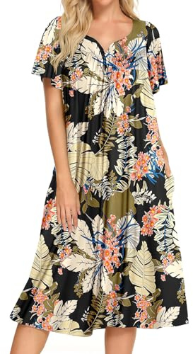 Bloggerlove Women's House Dress with Pockets Mumu Duster Short Sleeve Nightgown Lounger Printed Patio Dress(Black,XL)