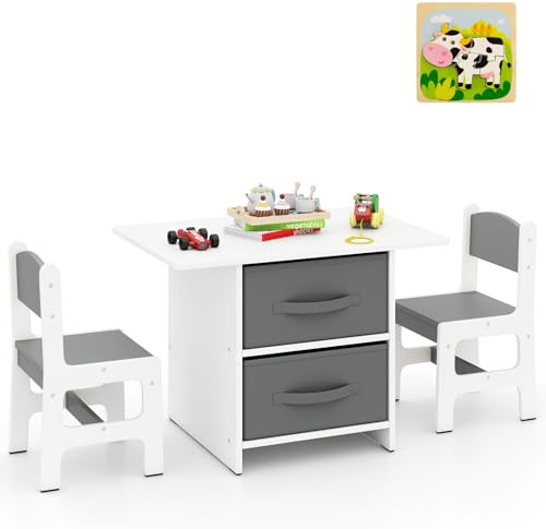 GYMAX Kids Table and Chairs Set, Children Activity Desk with 2 Chairs, 2 Removable Drawers & Jigsaw Puzzle, Wooden Toddler Table Chair Set for Boys Girls, Gray + White