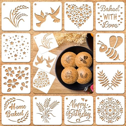 Patelai 12 Pcs Stencil for Bread Artisan Bread Stencils Baking Mold Set Cook Baking Template, Cake, Pie, or Cookie Template Mold for Decorating, 12 Style(3 x 3 Inch)