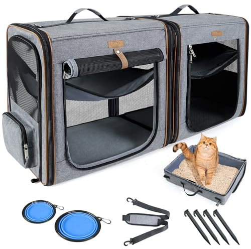 Lekereise Transportador grande 2 en 1 para gatos de hasta 45 libras, (20.8 x 2) x 19.7 x 19.7 pulgadas, con caja de arena, cuenco y cremallera de bloqueo, color gris