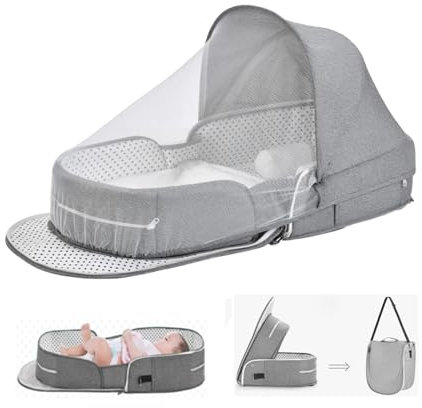 PGONEEE Bärsele i korgvagga, bärbar korgar, vikbar bärväska för barnsäng, resesäng för baby med koordinsömn, lätt babysäng med 2-1 mygga och baldakin (grå)