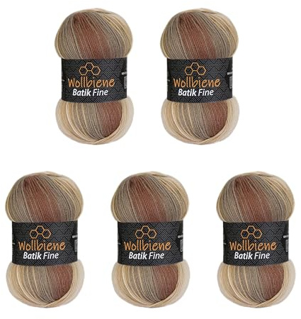 Wollbiene Batik Fine Lot de 5 pelotes de laine de 100 g pour tricot et crochet (500 g) Multicolore Avec dégradé de couleurs Couleur (5020 marron beige)