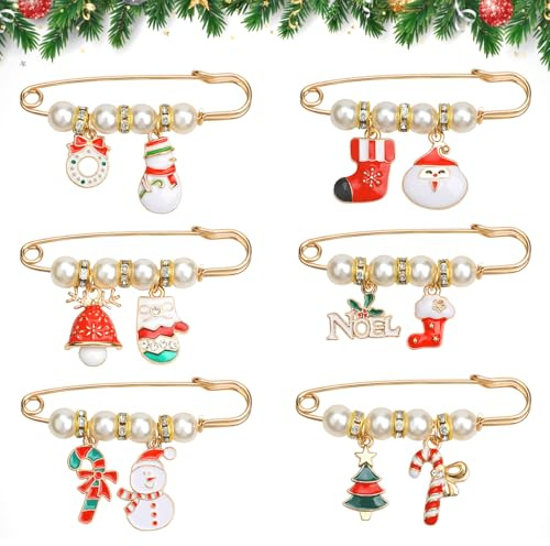 Kiiwah 6 Pezzi Spille di Natalizie en Metallo Set, Spilla Natalizia con Perle Strass, per Vestiti Adulti Bambini (Oro)