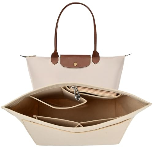 Shengxi Organizador de Inserción para Bolsos Longchamp Interior Organizadorde Fieltro Insertar Ligera Organizadores de Bolsos de Tote con Múltiples para Cosméticos Paraguas Llaves (Beige, L)