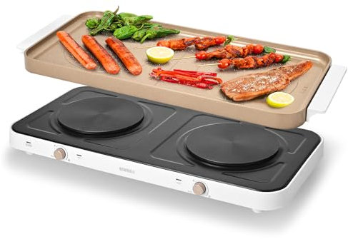 AEWHALE Cocina Eléctrica Portátil doble, 2000 W Hornillo Eléctrico 2 quemadores con placa de cerámica antiadherente extraíble parrilla eléctrica, ideal para Camping, Caravanas o Cocinas pequeñas