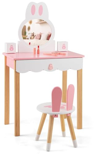 COSTWAY Barnens sminkbord med pall, prinsesssminkbord med spegel, lådor och förvaringslåda, sminkbord för flickor och barn (rosa)