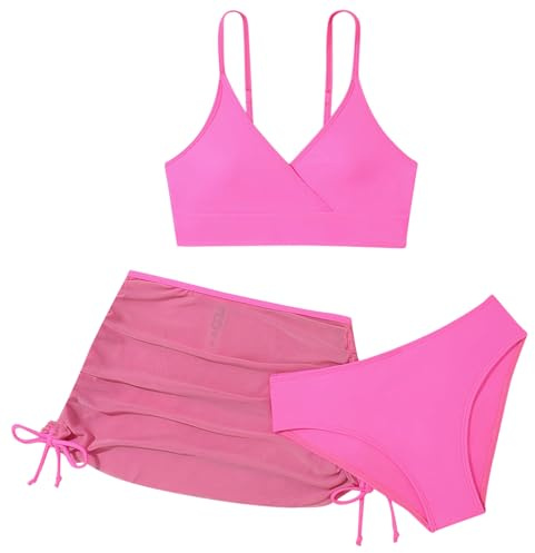 Costume da bagno 92 bambina 3 pezzi costume da bagno bambina tinta unita bikini avvolgente con gonna increspata set bikini bambino, Colore: rosa., 13-14 Anni