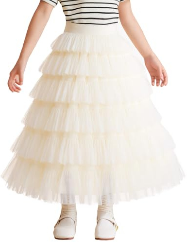 Happy Cherry Ragazze Gonna Lunga in Tulle Gonna Midi da Principessa Vita Elastica Tinta Unita Multistrati di Rete Linea ad A Elegante, 10-11 Anni Beige