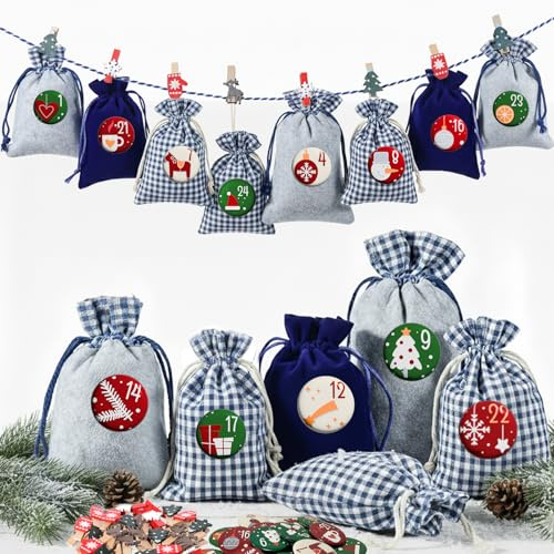 Adventskalender för fyllning av tyg – 24 adventskalendrar, stora i blått och grått, julkalender för fyllning av barn och män, adventskalender 2025 för självfyllning och upphängning