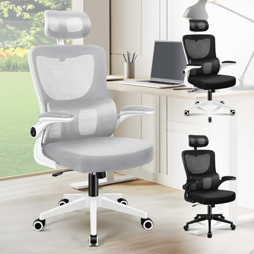 ELFORDSON Ergonomic Office Chair with Adjustable Headrest, High Back Desk Chairs for Home Office, 360° Swivel Mesh Computer Chair with Flip-up Armrests and Lumbar Support, 120° Rocking, Grey