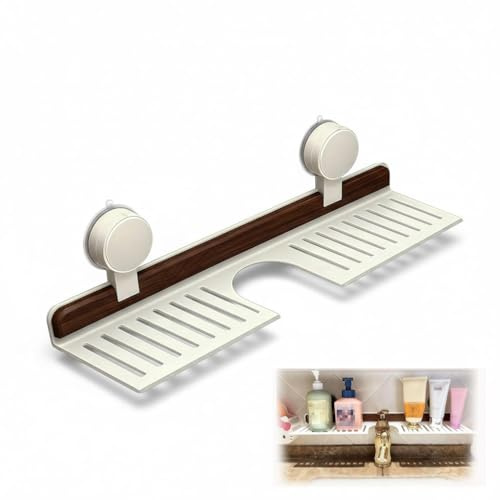 KeyoGoS Étagère à ventouse en noyer pour salle de bain et robinet de cuisine avec ventouse – Étagère d'évier et de robinet sans perçage pour salle de bain et cuisine (L, 50 cm)