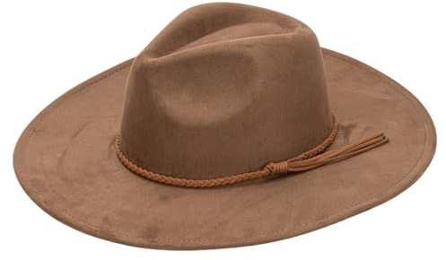 Sombreros Fedora de ala Ancha para Hombres y Mujeres, Sombrero de Vaquero de ala Plana Vintage, Gorra Occidental de Gamuza con decoración de Cuerda Tejida, café