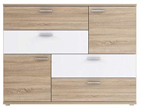 FORTE Skive Kommode mit 2 Türen und 4 Schubladen, Holzwerkstoff, Sonoma Eiche/ Weiß, 124.9 x 41.3 x 95.9 cm
