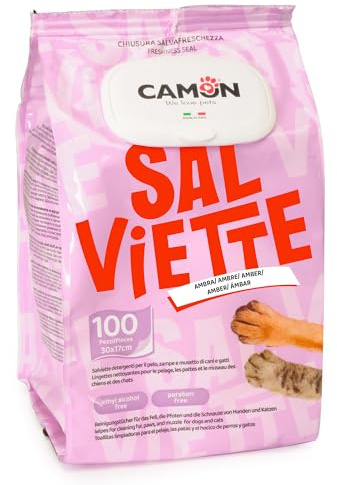 CAMON | Salviette Detergenti per Cani e Gatti, 30x17 cm, Confezione da 100 Salviette, Fragranza Ambra, Senza Alcool etilico né Parabeni, Made in Italy