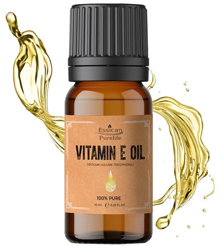 Essican Purelife Pure Vitamin E Oil for Skin, 10ml Natural Vit E Oil for Skin, Hair & Face, Antioxidant Rich, Carrier Oils for Essential Oils Mixing, Supports Hair Growth, Nails & Cuticles
