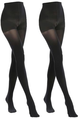MANZI 2 Pairs Women's Opaque Control Top Tights Comfort Stretch 70 Denier Pantyhose Black Large