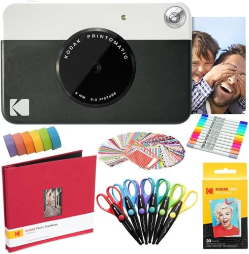 KODAK Printomatic Instant Camera (svart) konstpaket + zink papper (20 ark) + 8 x 8 tyg klippbok + 12 tvillingspetspennor + 100 kantklistermärken + 6 dekorativa saxar + washitejp