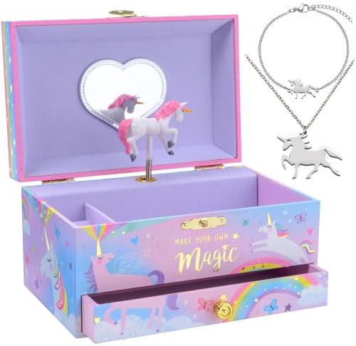 Jewelkeeper Unicorn Musical Jewellery Box for Little Girls - Kids Jewelry Storage with Pullout Drawer - Music Jewellery Case with Necklace and Bracelet - Pine Fiberboard Construction, 17.8x11.4x9.8 cm