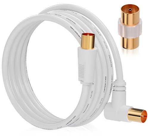 RELIAGINT TV Aerial Cable 3m – Pure Copper TV Coaxial Cable with Dual Shielding for Strong Signal – Straight or Right-Angle – Female-to-Female Adaptor Included – Fire-Resistant Aerial Connectors
