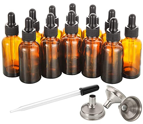AOZITA 12-pack, 60 ml droppflaska i glas med pipett, levereras med 3 rostfria trattar och 1 lång dropppipett i glas – 57 ml bärnstensglas tinkturflaskor för eteriska oljor, vätskor