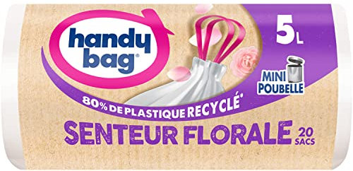Handy Bag - Sacs poubelle salle de bains à poignées coulissantes senteur florale 5L x 20 sacs - Spécial mini poubelles - Étanchéité maximale - Fond anti-fuite - 100% plastique recyclé