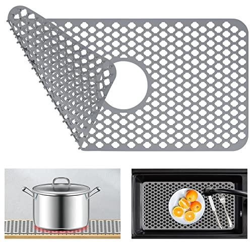 Kitchen Sink Protectors, 24x12 Heat Resistant Mat for Stainless/Porcelain Sink, No-Slip Grid (Grey)