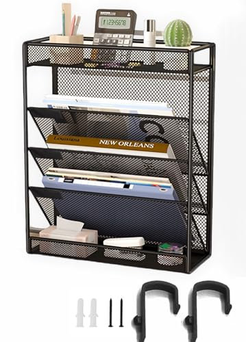 ZNMYDMT 5-stöckiger Netz-Wandordner, 3 Taschen, vertikale Halterung, Hänge-Organizer mit oberer / unterer Ablage | 2 Haken | Wandhalterung und Türaufhängung für Büro Zuhause