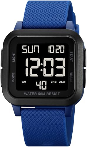 findtime Orologio digitale quadrato a LED con numeri grandi, orologio da polso per uomo e donna, unisex, per attività all'aperto, con allarme/timer/doppio orno/cronometro/12/24H, blu/nero, cinghia