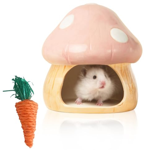 TOATELU Maison en céramique pour hamster : cachette durable pour hamster, hamster et jouet dentaire en forme de champignon Grandes entrées pour gerbilles, souris, chinchillas (rose)