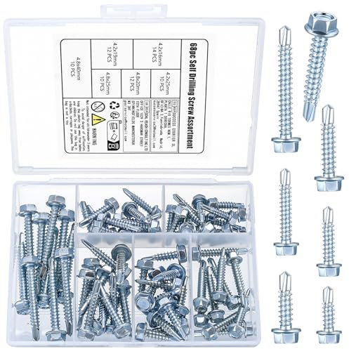 68 Pz Viti Autofilettanti per Metallo, M4.2 M4.8 Viti Autoperforanti a Testa Esagonale in Acciaio Carbonio, Viti Autoforanti con Rondella per Lamiera Tetto Legno Lastre Ondulate Lamiere Grecate
