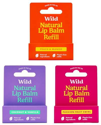 Wild - Natural Refillable Lip Balm - 3 Pack of Lip Balm Refills in a Variety of Scents - Includes Peach & Mango, Coconut & Vanilla and Passionfruit Swirl Flavours - Beeswax Free