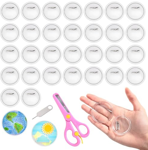 30 Stück Buttons Selber Machen, DIY Transparente Acryl-Buttons 44mm, Set Mit Schere Und Kartenlöser, Zum Selbstgestalten