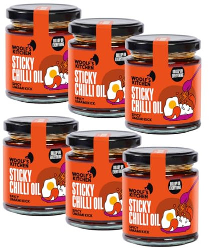 The Woolf’s Kitchen | Sticky Chilli Oil | Crispy Chilli Oil Extravaganza | Spice-Up with Sticky Texture | Essential for Rice, Noodles & Burgers | Elevate Asian Dishes | Umami Hot Sauce | 6 x 190ml