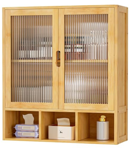 YORBAY Armario Baño Pared Bambú: 59 x 22 x 66 cm con Puertas Transparentes | Armario Mural con Cierre Magnético y Compartimento Abierto - Ahorra Espacio para Baño y WC (Bambú)